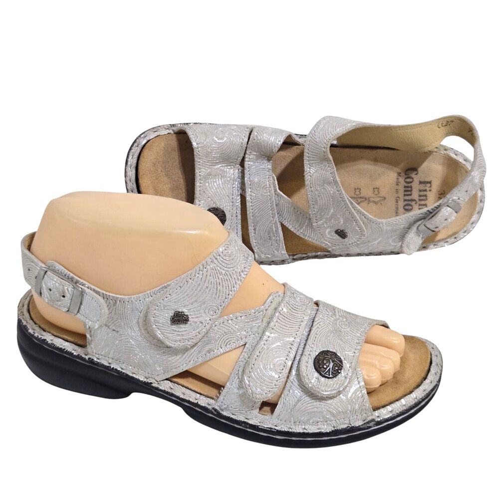 Finn Comfort‎ Gomera Sandals Womens 37/6-6.5 Silver Swirl Leather Straps adjusts